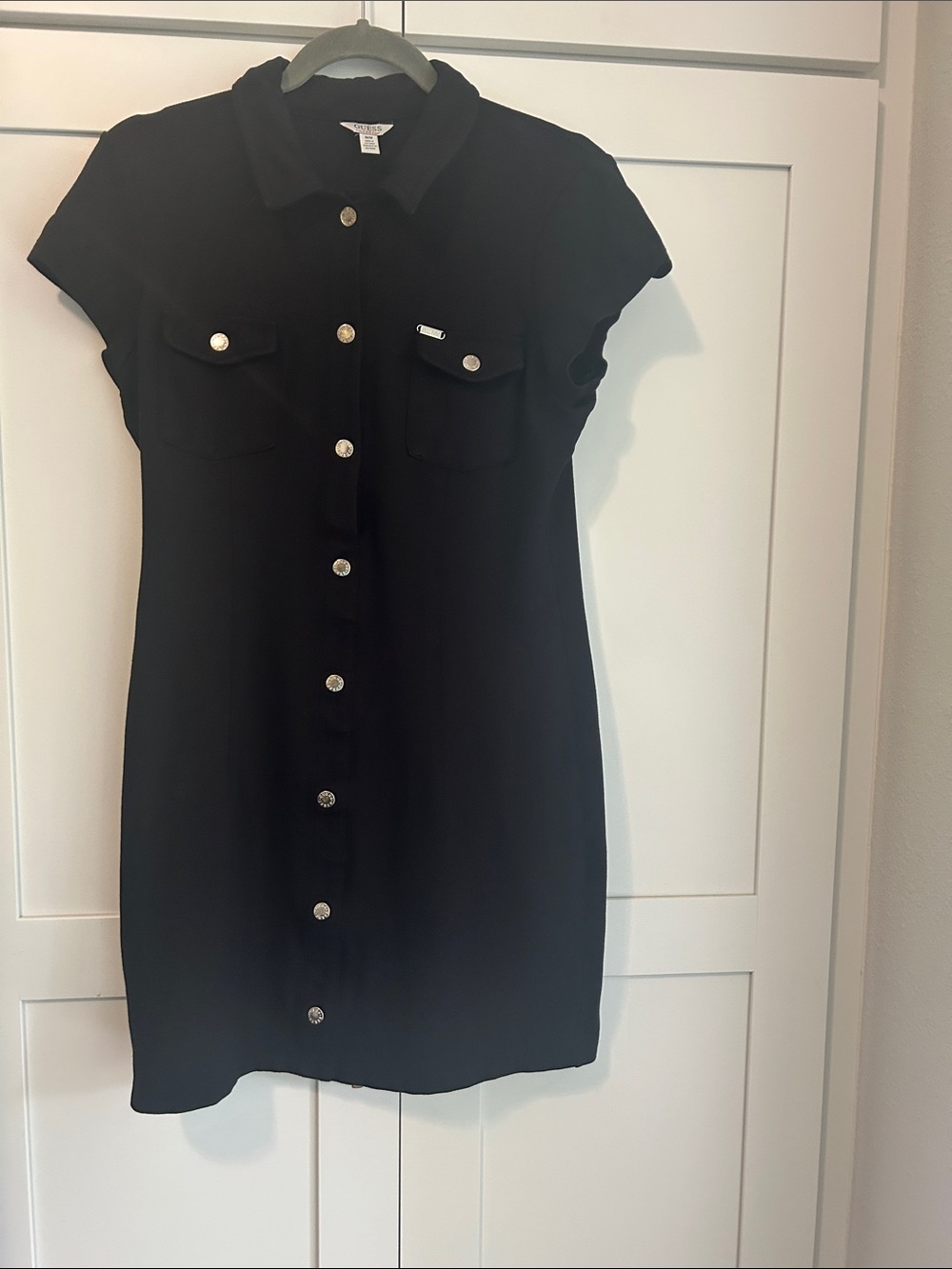Guess Black Short-Sleeve Shirt Dress with Silver Buttons